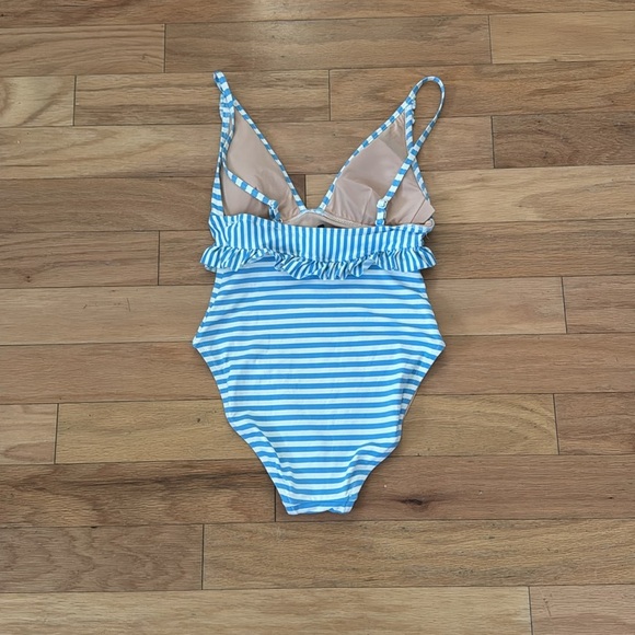 J. Crew | Ruffle | Plunging One-Piece Swimsuit | Light Blue Striped | size 2 - Picture 7 of 8